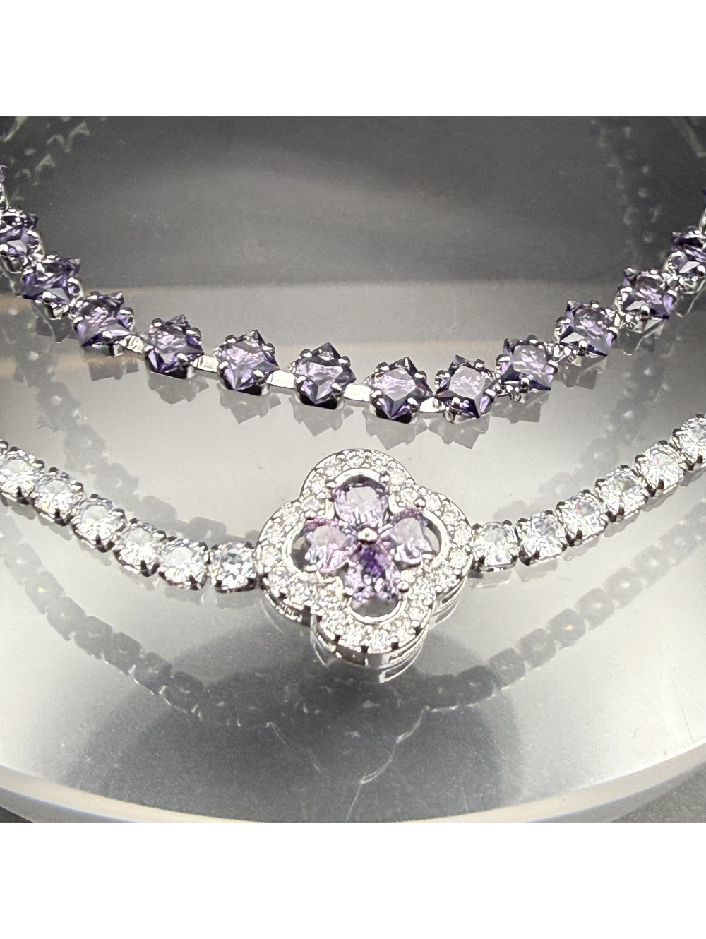 candy+clover amethyst & clear crystal silver tone bracelet stack (2 bracelets)